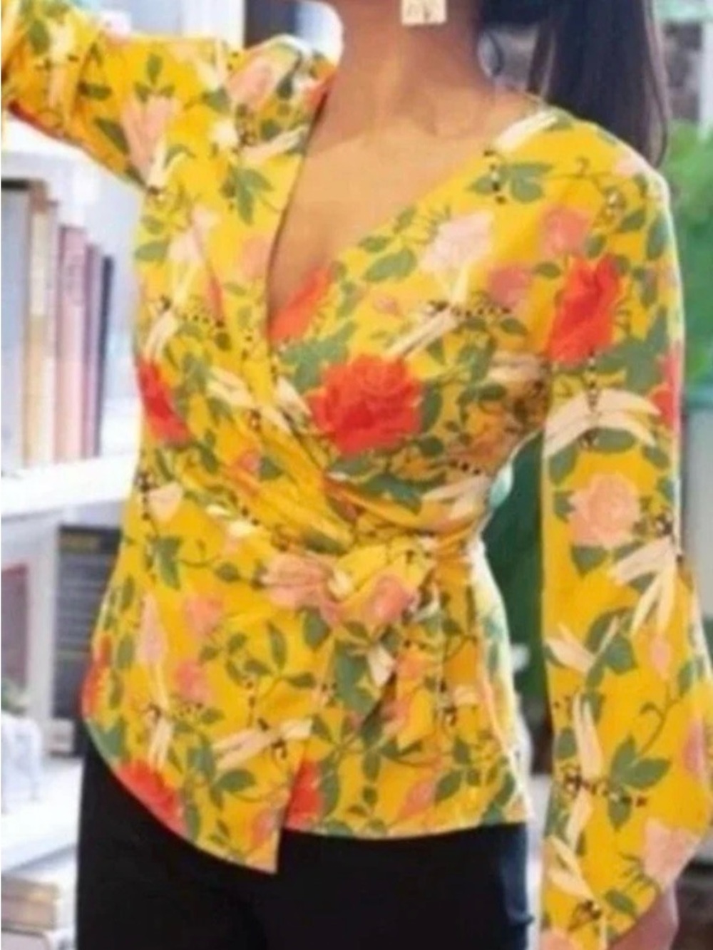 Betabrand Dragonfly Floral Wrap Blouse